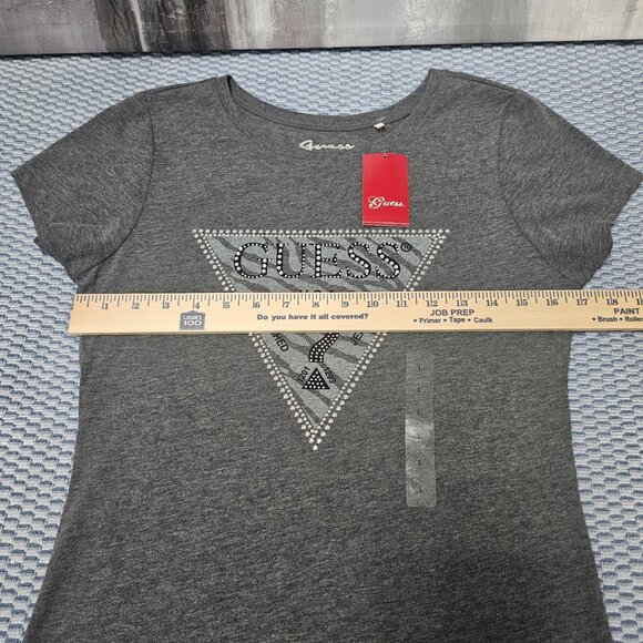 NWT Guess Women’s Rhinestone Triangle Logo Graphic Slim Fit Shirt - Gray Size L - Picture 4 of 5